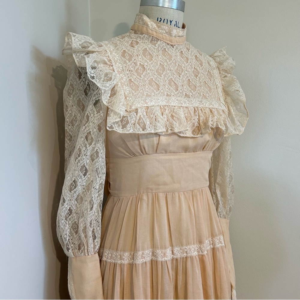 VTG 70s Gunne Sax Prairie Dress Gown Blush Pink Lace Prom Homecoming Sz 9 - Picture 4 of 9